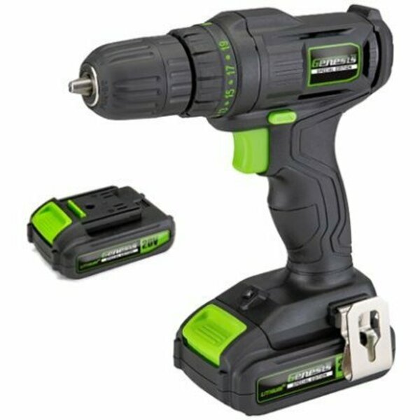 Genesis GLCD20CSE Cordless Drill and Driver, Battery Included, 20 V, 3/8 in Chuck, Keyless Chuck GLCD20SE